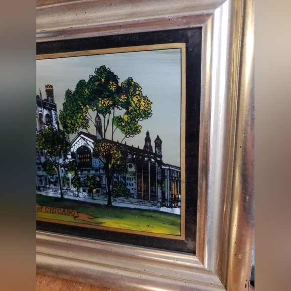 Vintage reverse painting glass picture in frame University of Chicago 14" x 10" - Picture 2 of 6